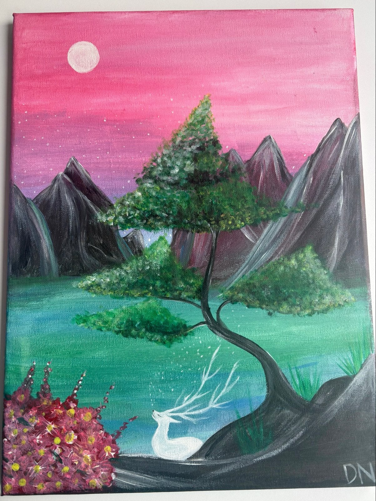 Magisch boslandschap met hert - Acryl op canvas, Landschap, Acrylverf, Handgeschilderd, Ophalen of Verzenden