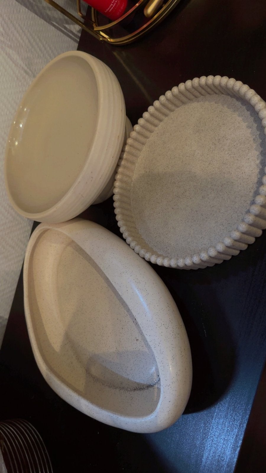 Set van 3 decoratieve schalen, beige gespikkeld, Gebruikt, Schaal, Rond, Geribbeld