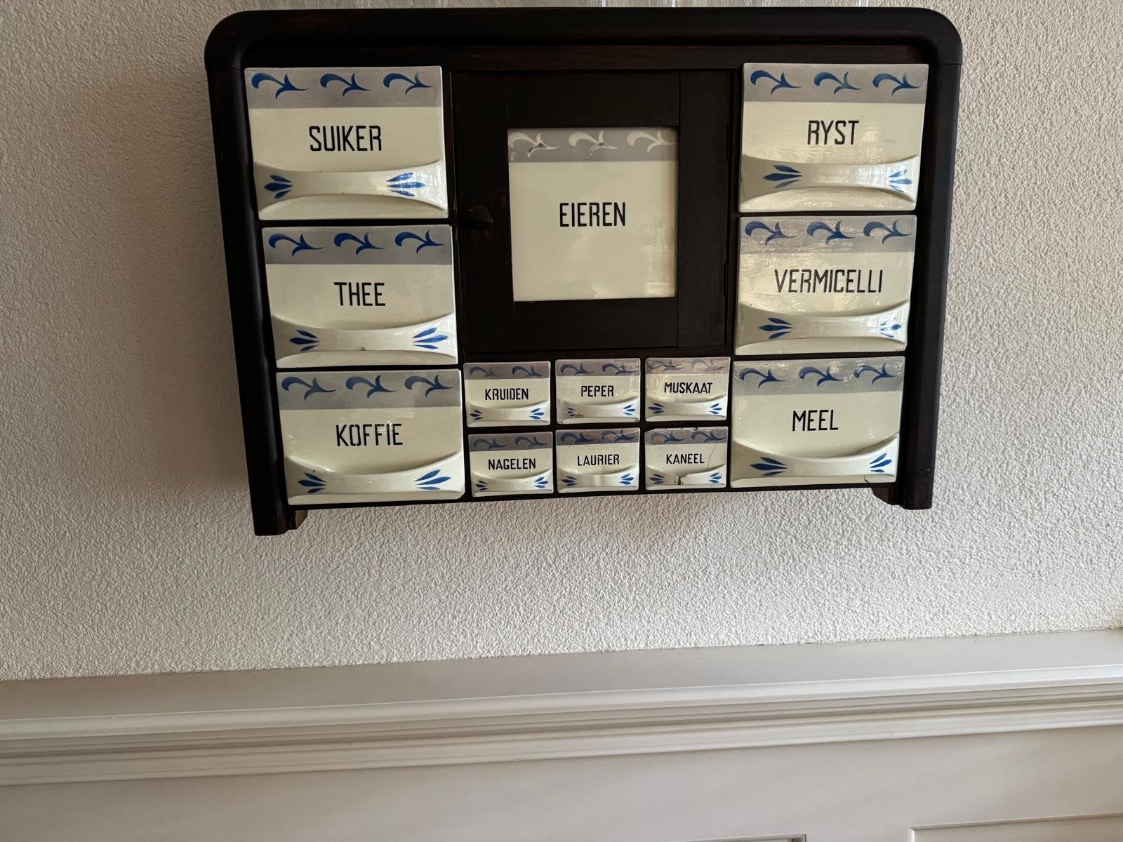 Vintage kruidenrek met porseleinen bakjes, Ophalen of Verzenden