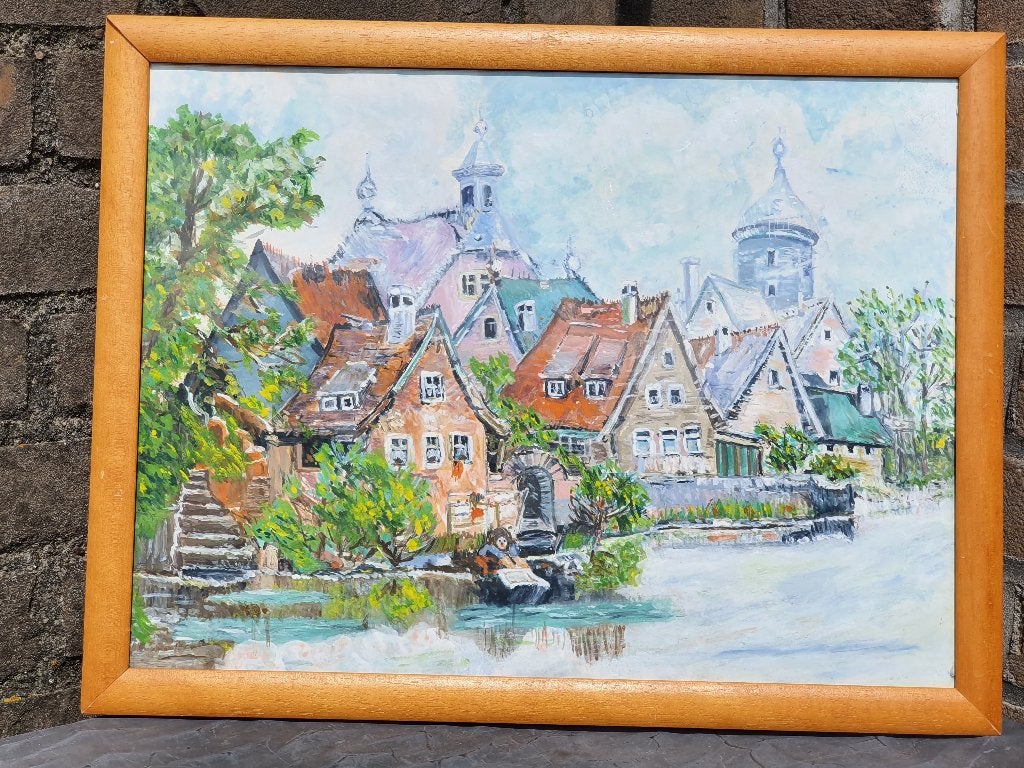 Vintage Schilderij Stadsgezicht Gesigneerd Ingelijst, Ophalen