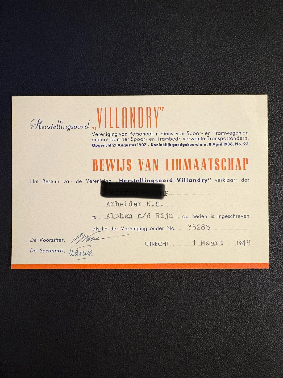 Lidmaatschap herstellingsoord Villandry arbeider NS (1948), Verzamelen, Ophalen of Verzenden, Gebruikt, Trein