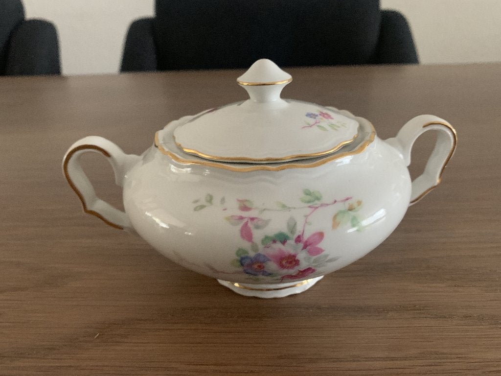 Antieke suikerpot met bloemmotief en gouden rand, Ophalen of Verzenden
