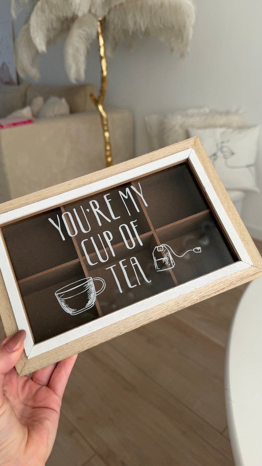Houten theedoos met 6 vakken en tekst 'You're my cup of tea', Ophalen of Verzenden, Zo goed als nieuw, Bruin, Hout