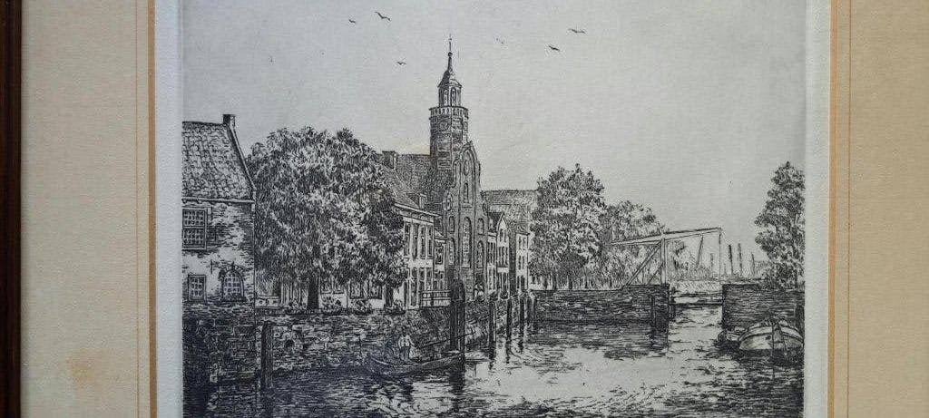 Ets van Delfshaven - Anna Doedijns, Ophalen, Oud hollands, Tekening, Achter glas