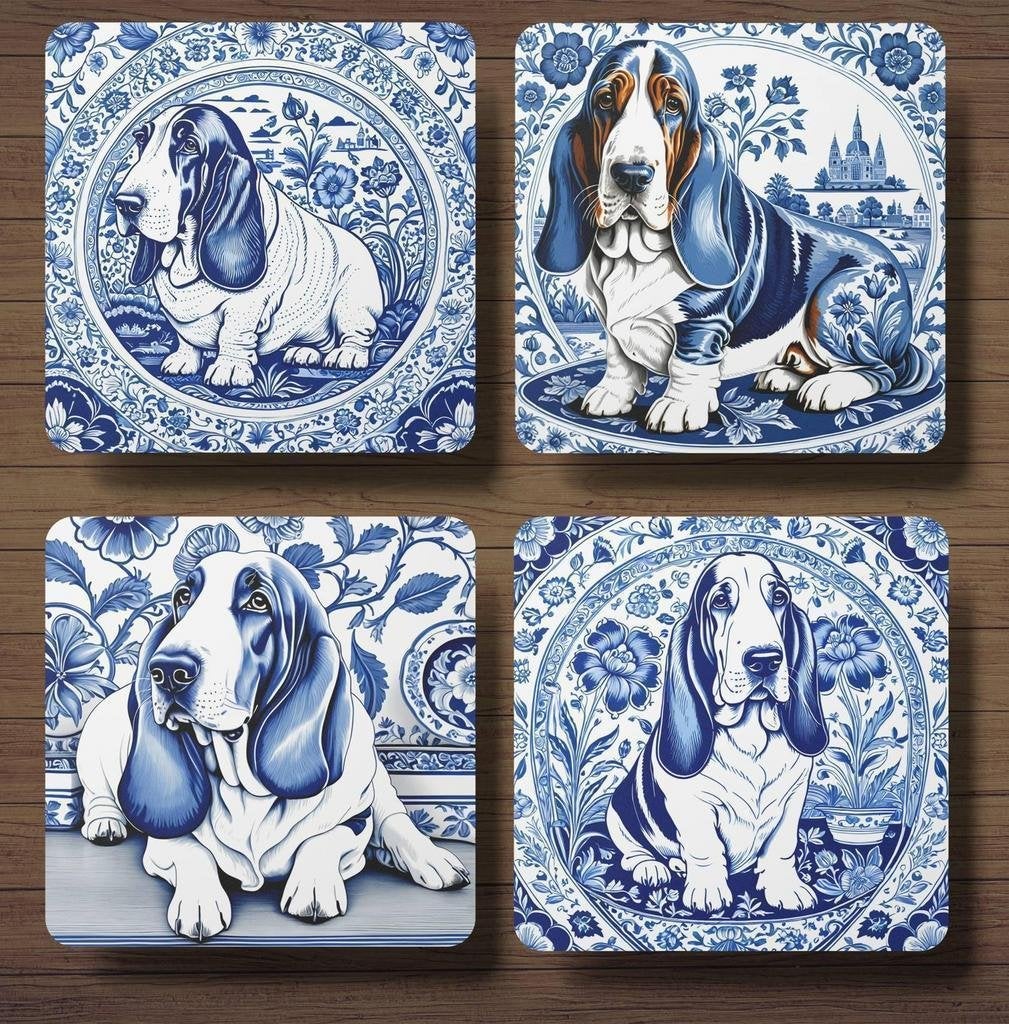 Basset Hound Delfts Blauw onderzetters met houder, Ophalen of Verzenden, Nieuw