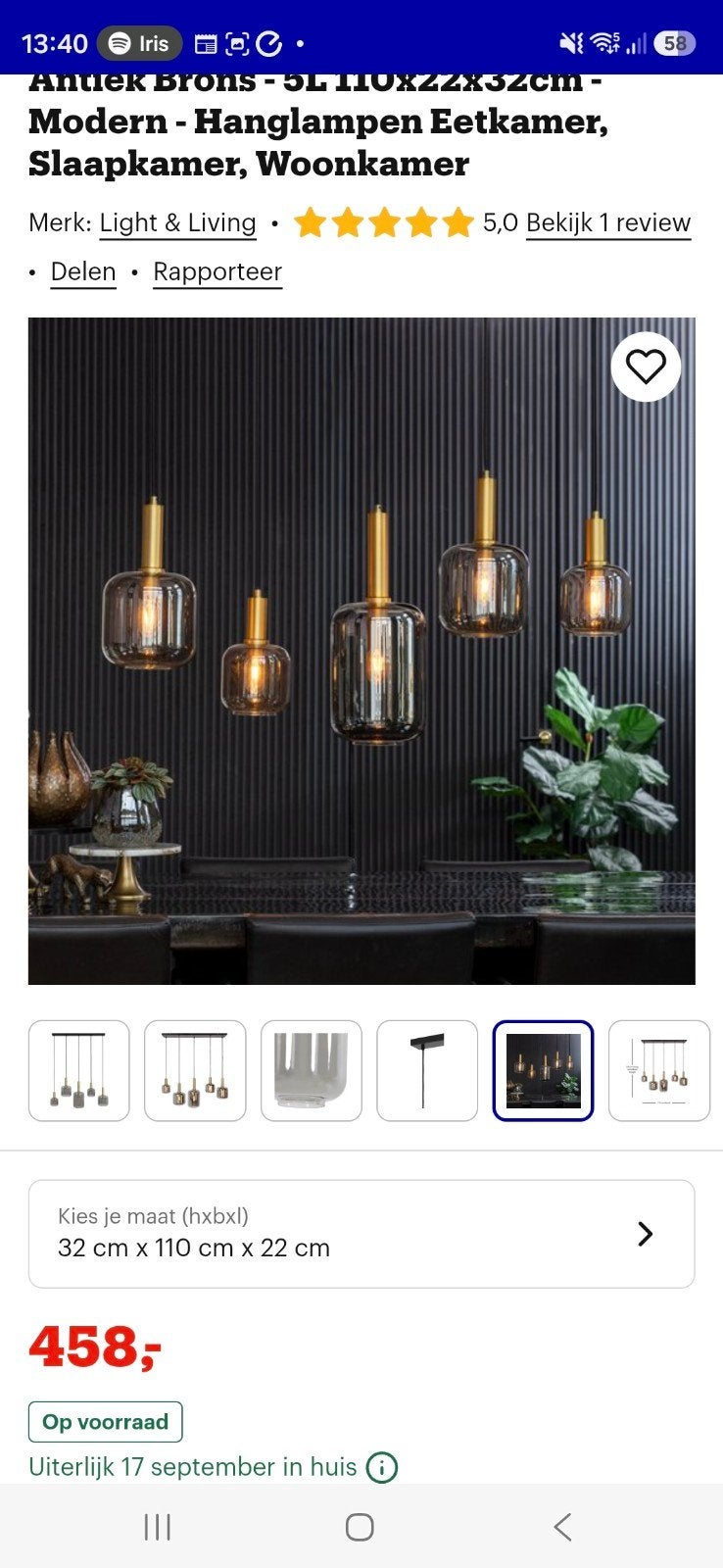 Light & Living Hanglamp Lekar - Antiek Brons, Huis en Inrichting, Ophalen, Zo goed als nieuw, E27 (groot), Halogeenlamp