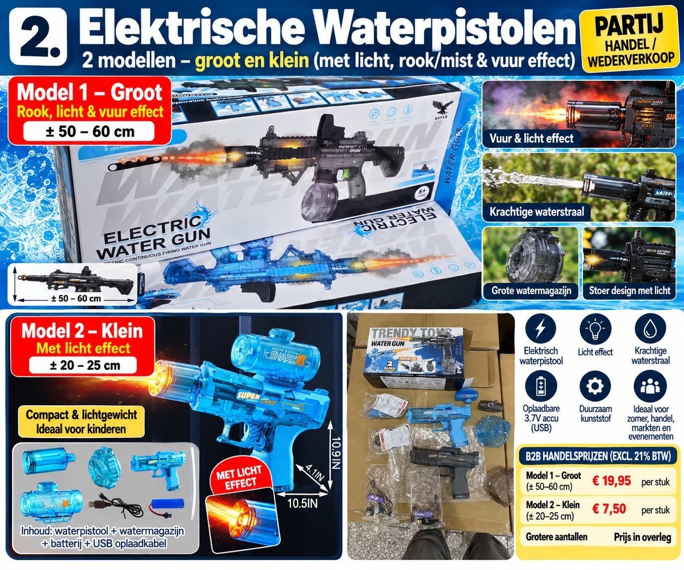 PARTIJ Elektrische Waterpistolen – 2 modellen – rook/licht –, Ophalen of Verzenden, Vdtools b.v., Info@vdtools.nl, 5405as
