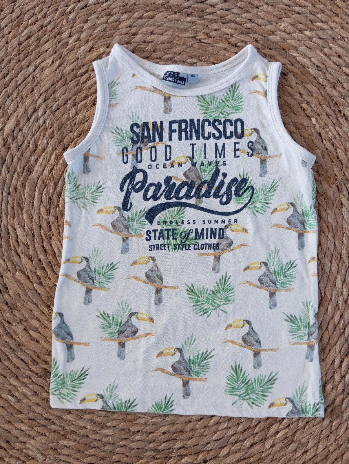 Wibra singlet maat 110 met toekanprint en 'Paradise' opdruk, Ophalen of Verzenden, Wibra, Jongen, Shirt of Longsleeve