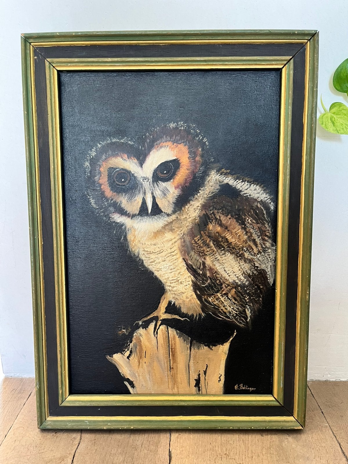 Vintage olieverfschilderij uil, Doek, Realistisch, Dieren, Ophalen of Verzenden