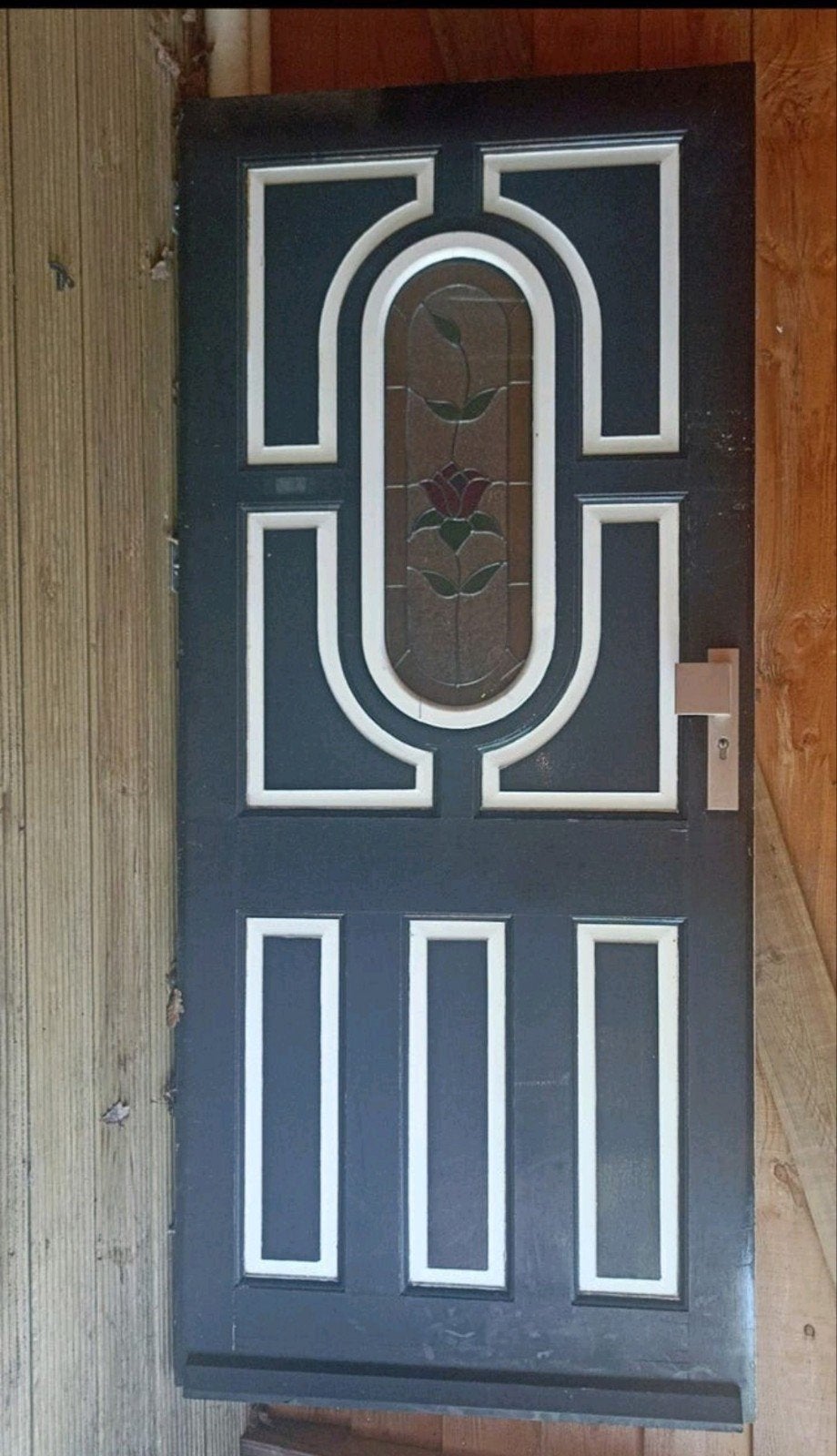 Hardhouten voordeur met Glas in lood Roos., Ophalen, Gebruikt, 200 tot 215 cm, Glas