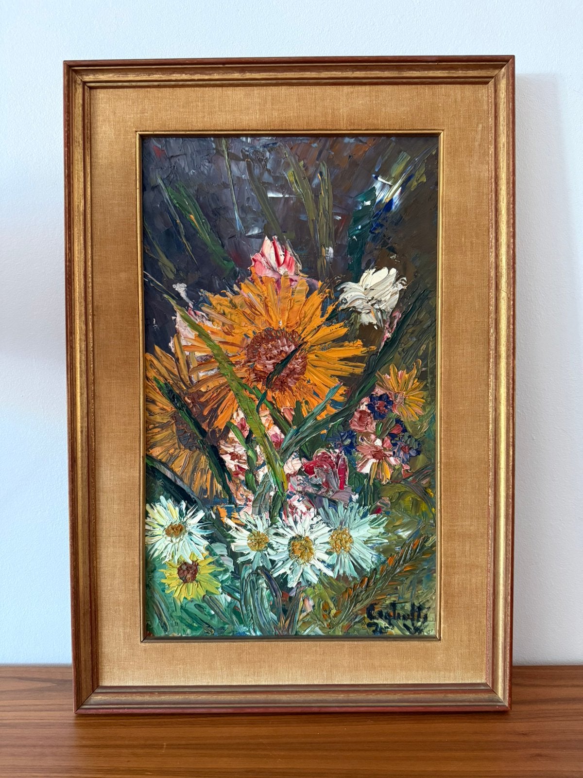 Schilderij, bloemen, vintage, brocante, gesigneerd, ‘70, Ophalen of Verzenden