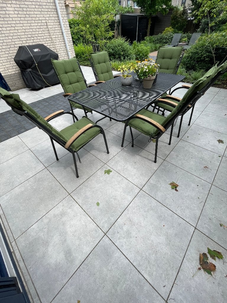 Tuintafel met 6 stoelen en kussens, Ophalen, Gebruikt, 6 zitplaatsen, Aluminium