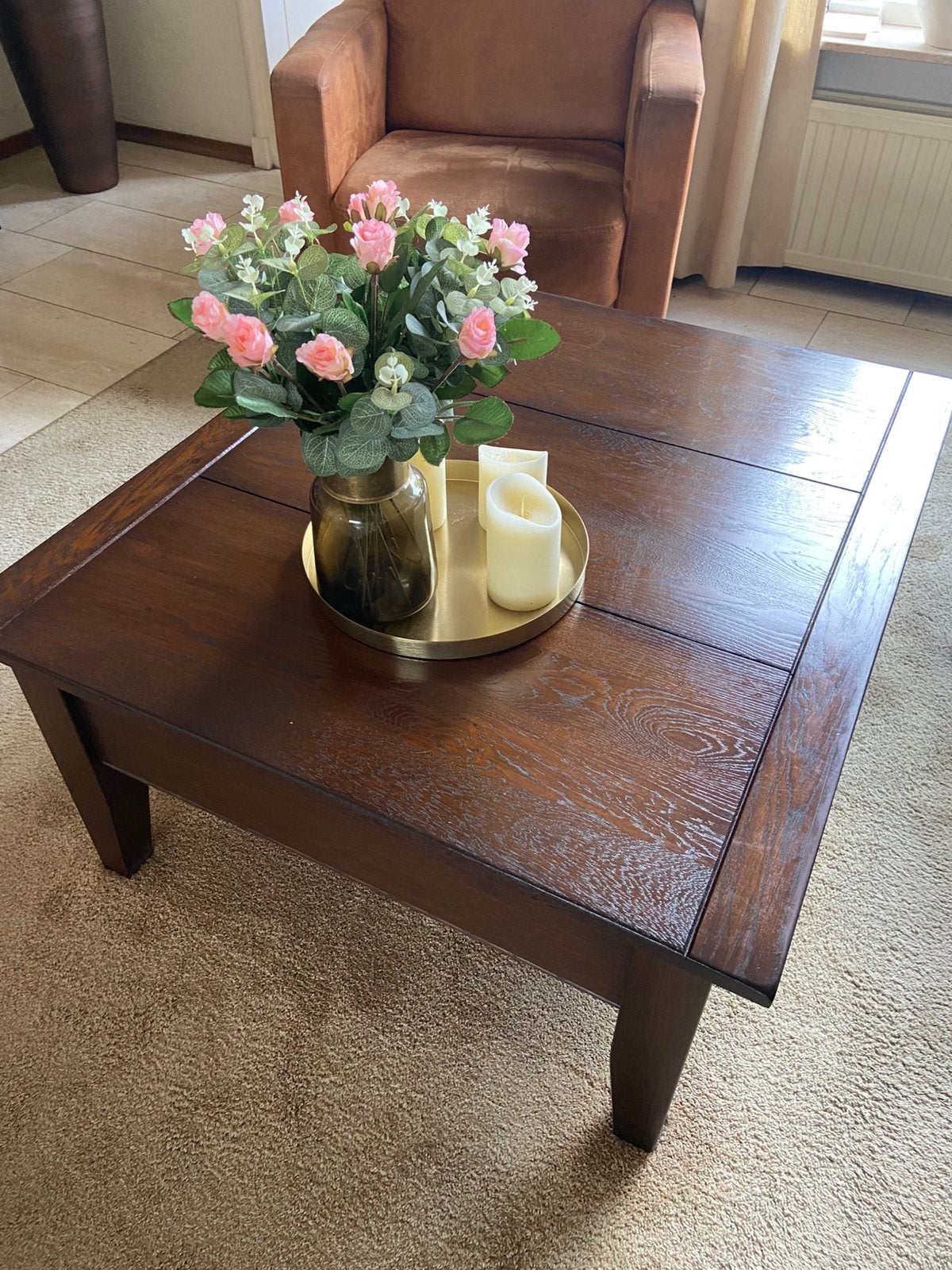 Massief eiken salon tafel met laatje, Ophalen, Gebruikt, 100 tot 150 cm, 50 tot 100 cm