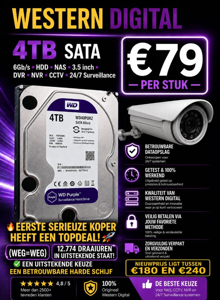 WD Purple 4TB - SATA NAS HDD Camera ⚖️TopDeal, Computers en Software, Harde schijven, Intern, Gebruikt, Desktop, 4TB