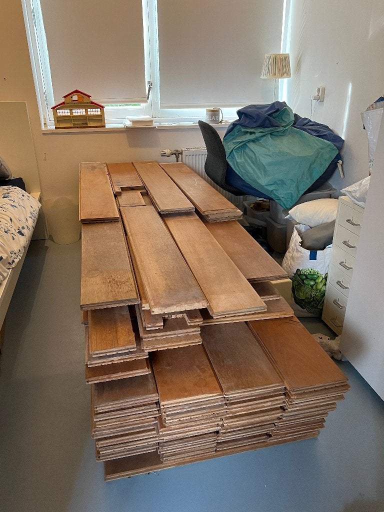 Massief hardhouten vloer mahonie ruim 30 m2, Ophalen, Gebruikt, Vloerdelen of -planken, 10 m² of meer