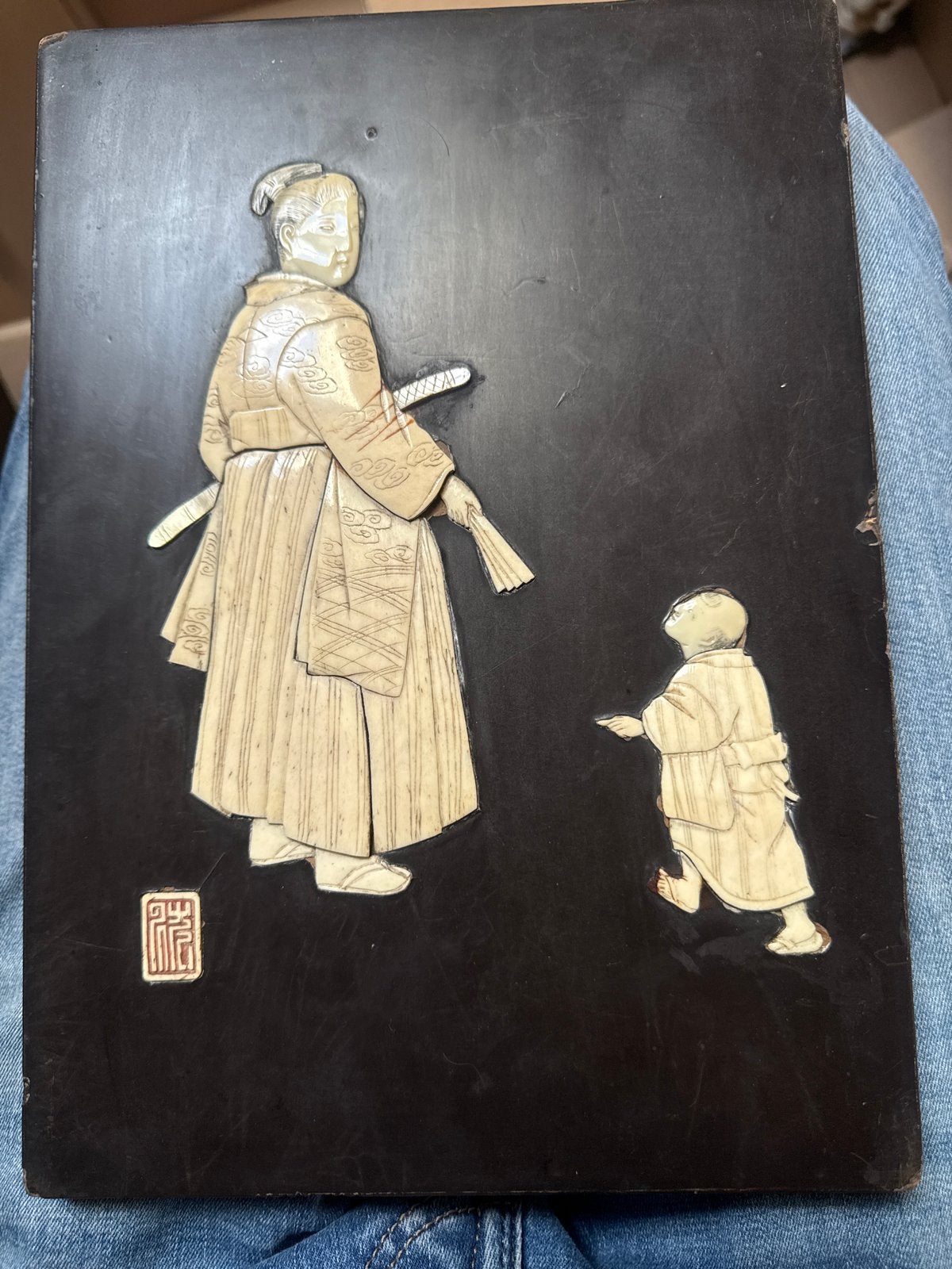 Antiek Japans paneel met ingelegd ivoor, Samurai en kind, Antiek en Kunst, Hout, Wanddecoratie, Handgemaakt, Japan