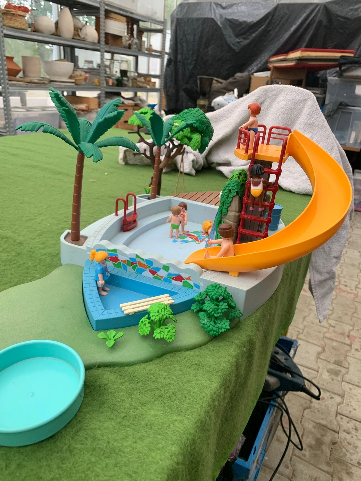 Playmobil zwembad met glijbaan en figuren, Gebruikt, Complete set, Overige typen, Ophalen of Verzenden