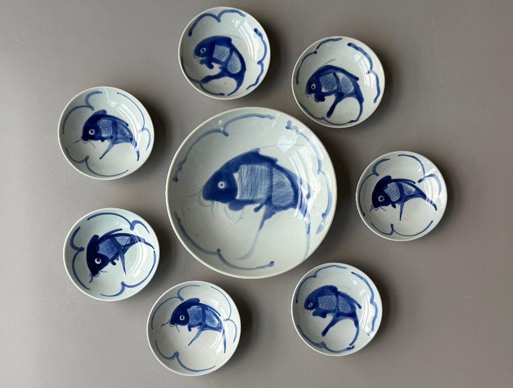 Vintage Chinese Blauw-Wit Porseleinen Serviesset Koi Karper, Ophalen of Verzenden