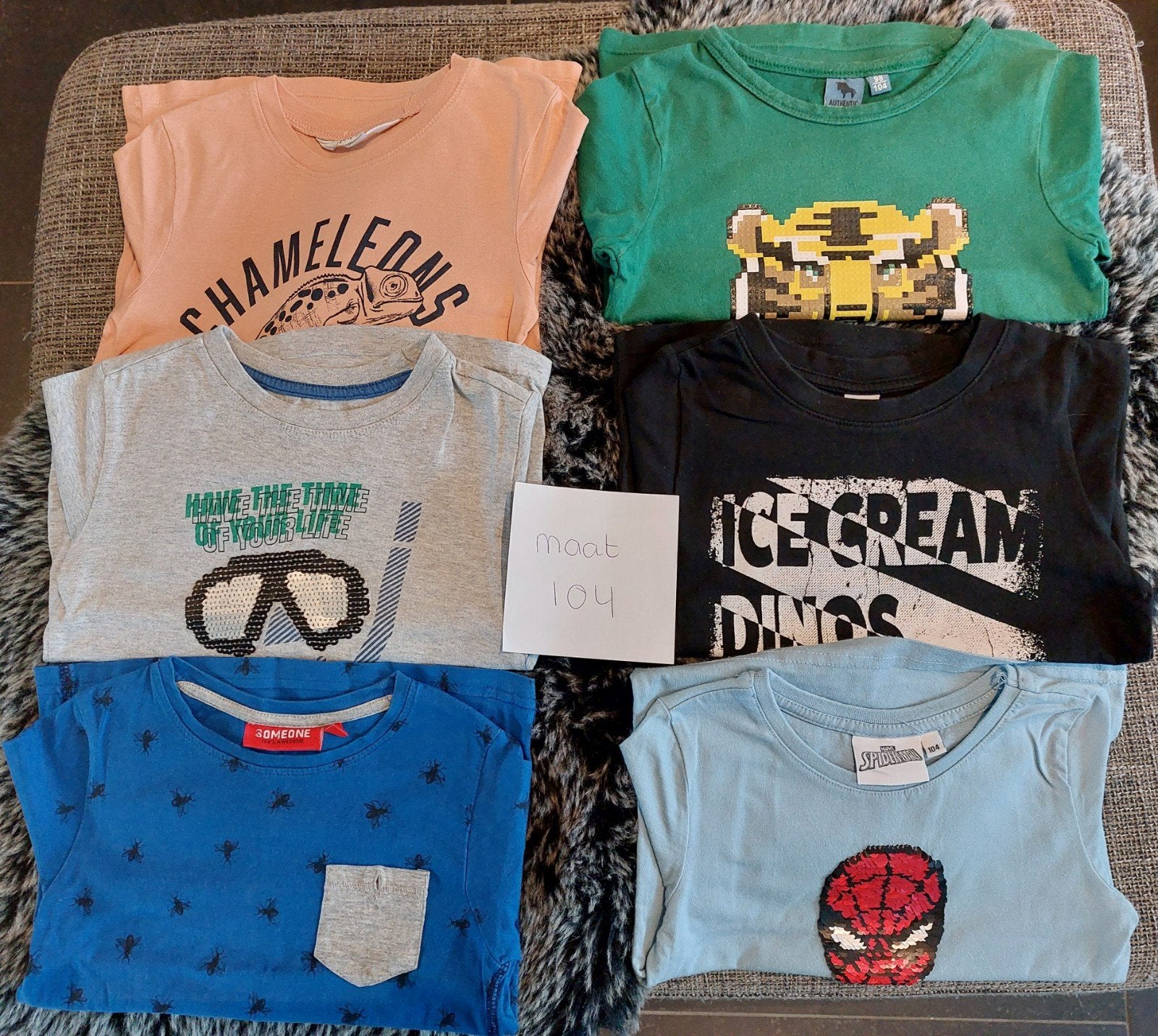 6 T-shirts maat 104 voor jongens, Gebruikt, Ophalen of Verzenden, Setje, Jongen