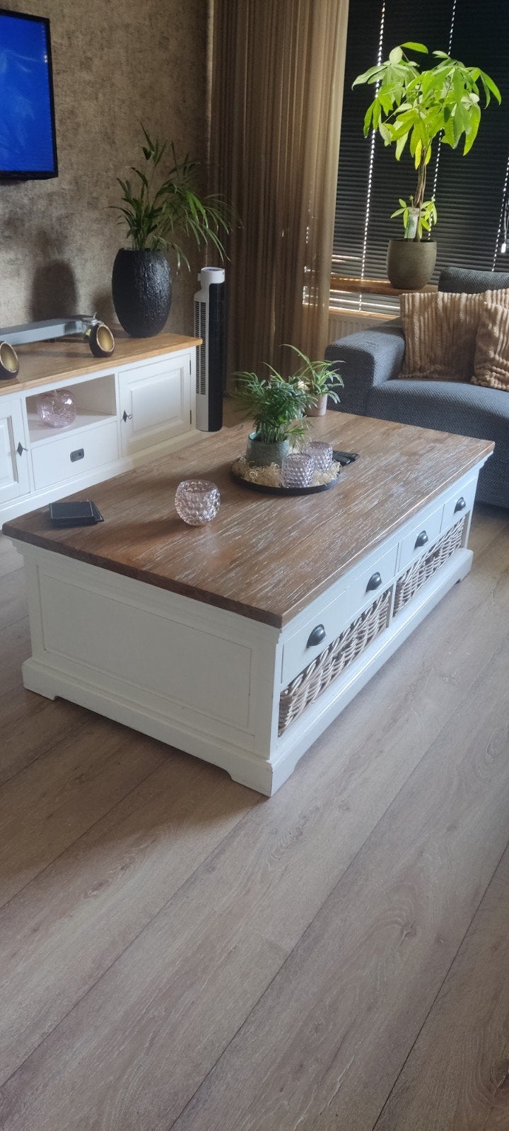 Salontafel met opbergruimte - Wit met houten blad, Gebruikt, Overige materialen, 100 tot 150 cm, Landelijke stijl
