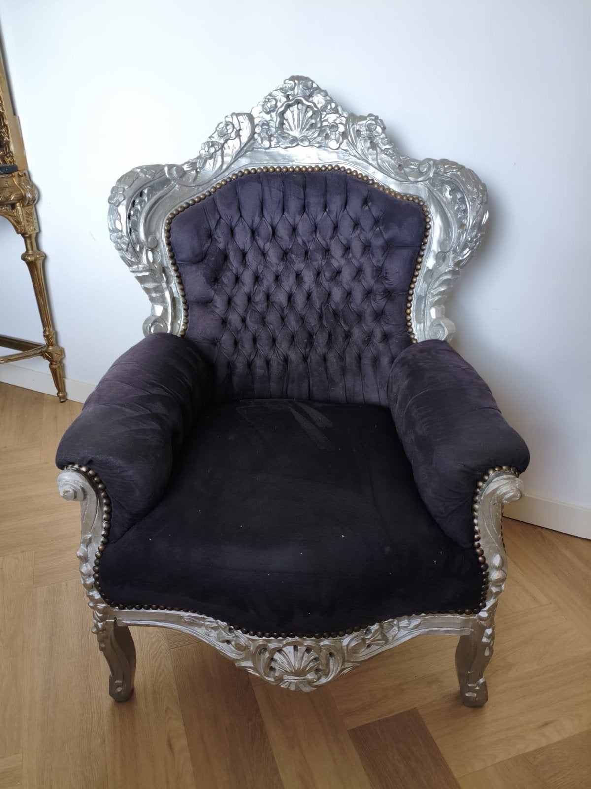 Barok fauteuil zilver met zwart fluweel, Huis en Inrichting, Stoelen, Ophalen, Zwart, Zo goed als nieuw, Eén