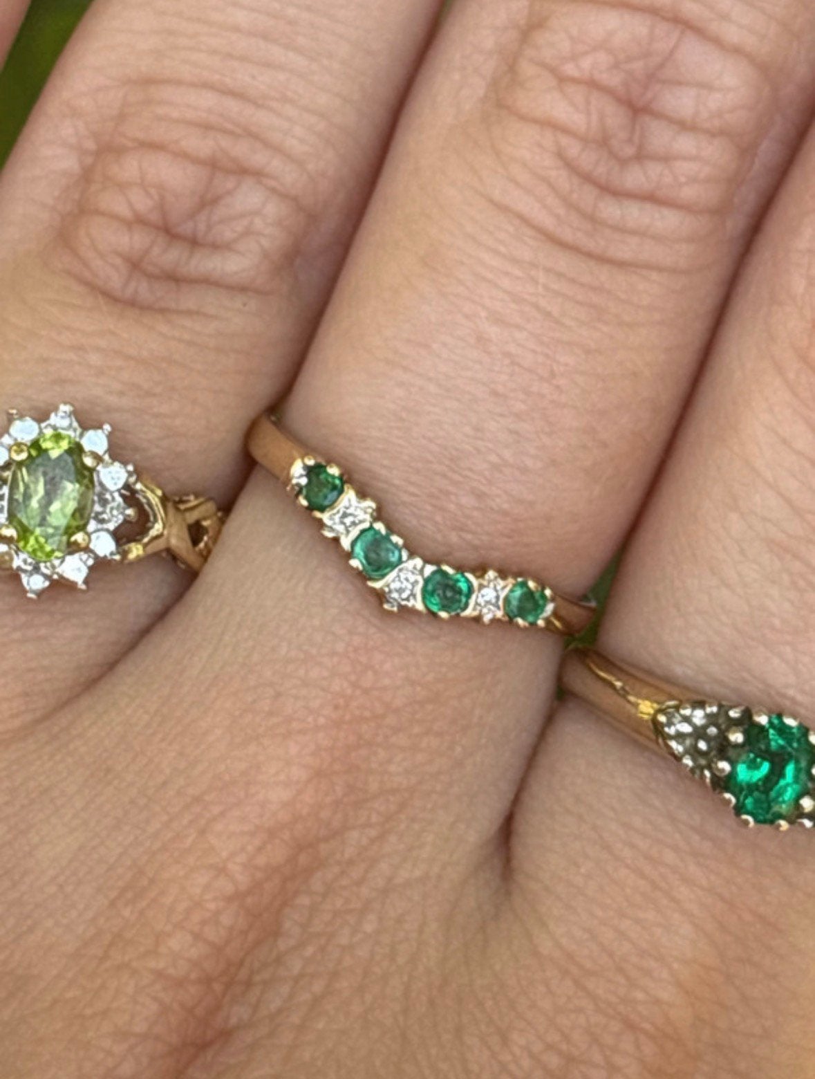 9 karaat gouden wishbone ring met smaragd en diamant, Zo goed als nieuw, 17 tot 18, Dame, Groen
