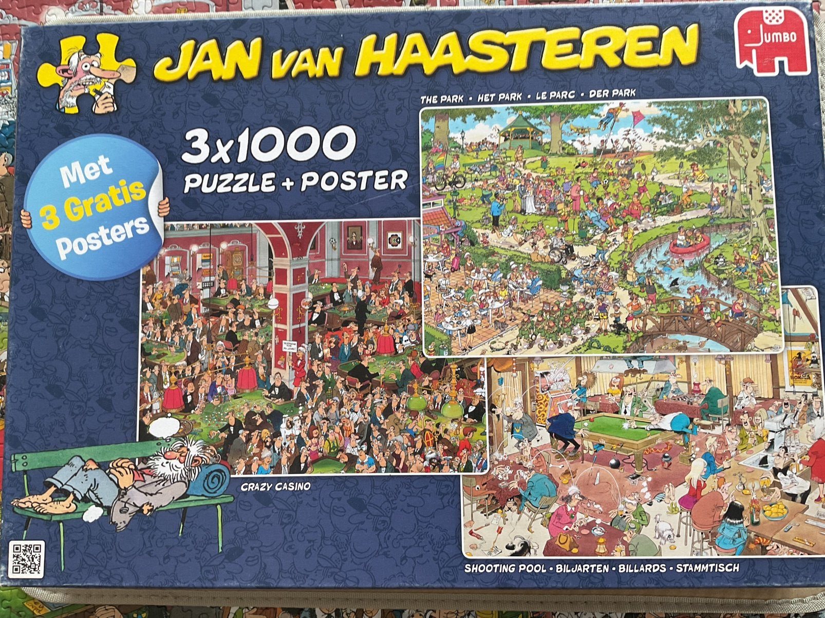 Trio- box Jan van Haasteren 3x1000 CASINO-HET PARK-BILJARTEN, Ophalen of Verzenden, 500 t/m 1500 stukjes, Zo goed als nieuw