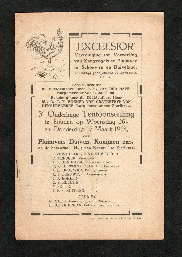 Tentoonstellingsgids Zierikzee Excelsior Pluimvee 1924., Ophalen of Verzenden, Gebruikt