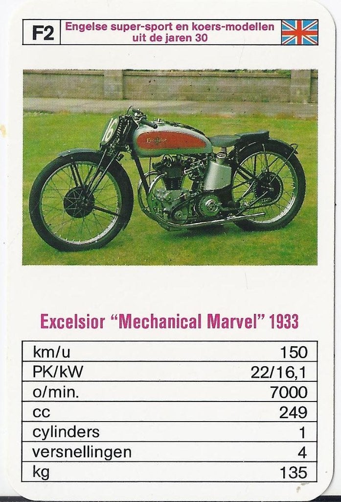 M22 motorkaartje excelsior mechanical marvel 1933 ( f2 ), Ophalen of Verzenden, Zo goed als nieuw, Auto's
