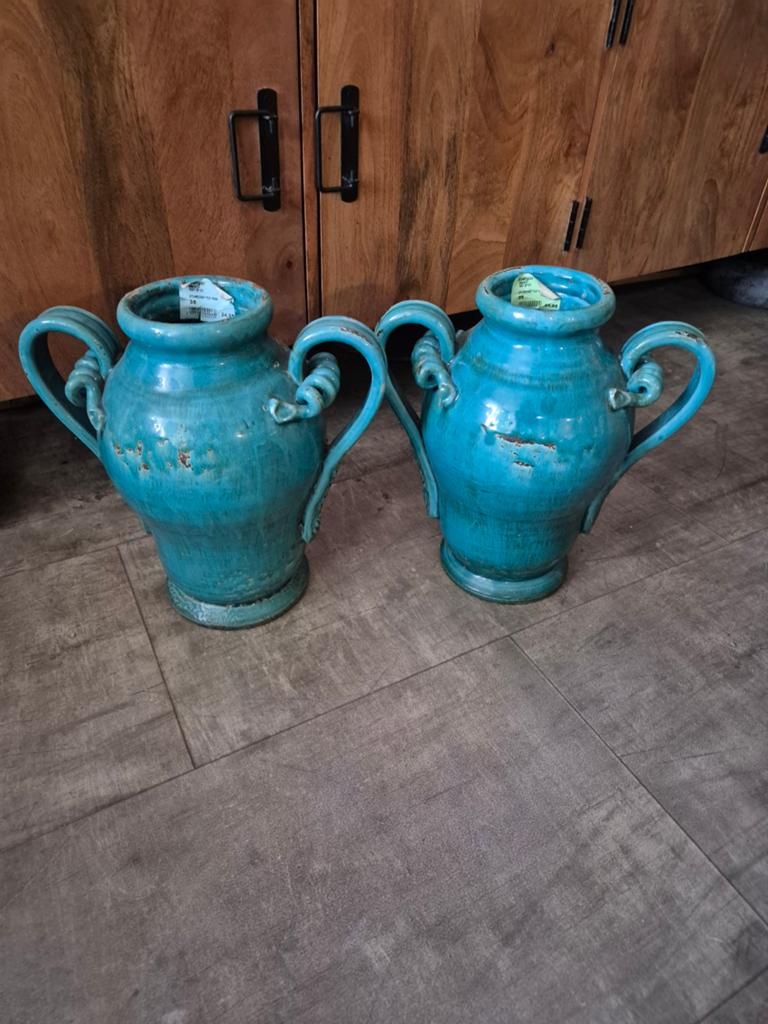 2 turquoise bloempotten - aardewerk, Tuin en Terras, Ophalen