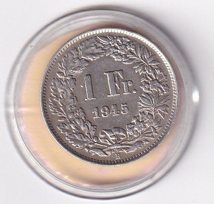 Zwitserland 1 Franc 1945 Zeer fraai met Patina, Ophalen of Verzenden, Overige landen, Losse munt, Zilver