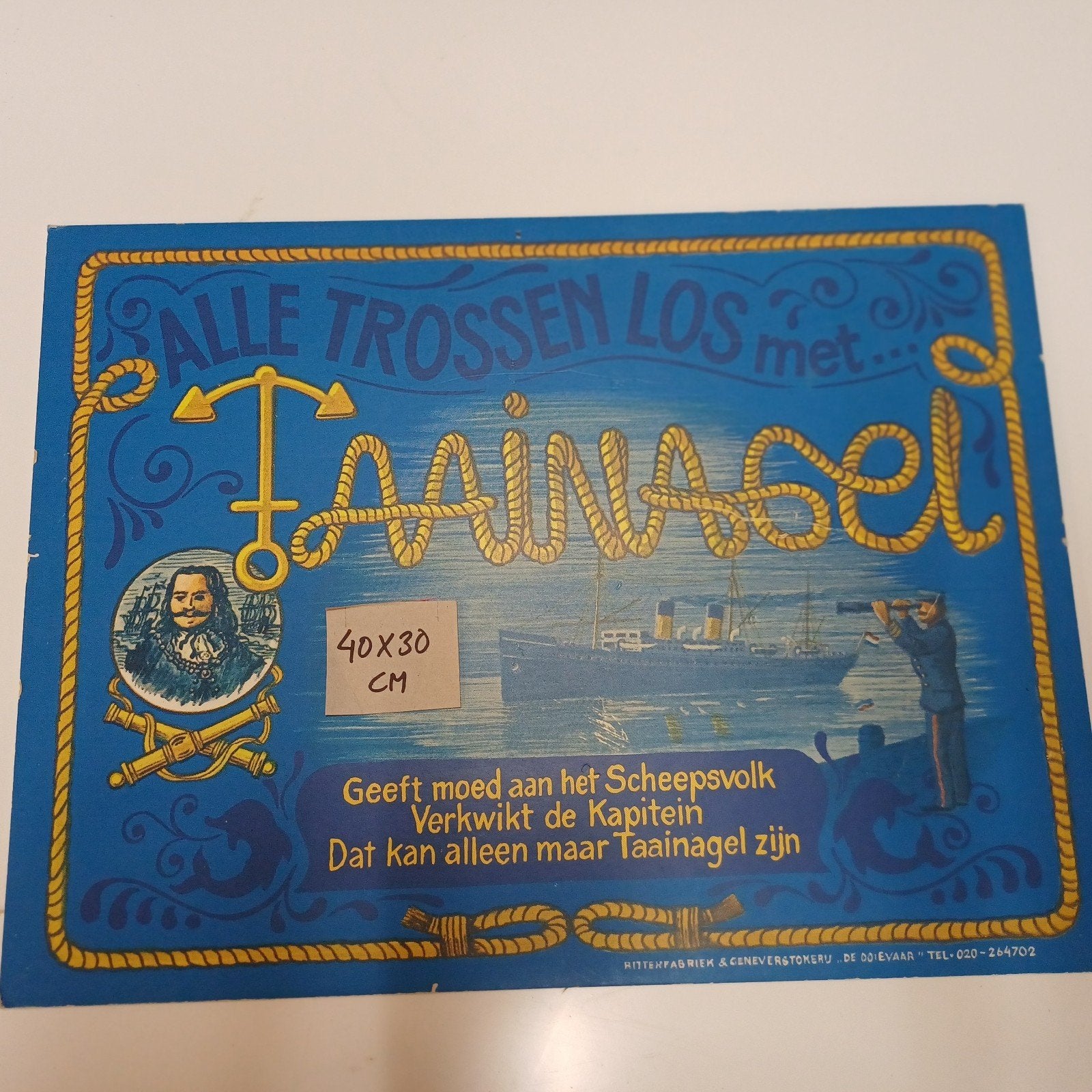 Vintage Reclamebord Taainagel Jenever 40x30 cm, Ophalen of Verzenden, Gebruikt, Reclamebord