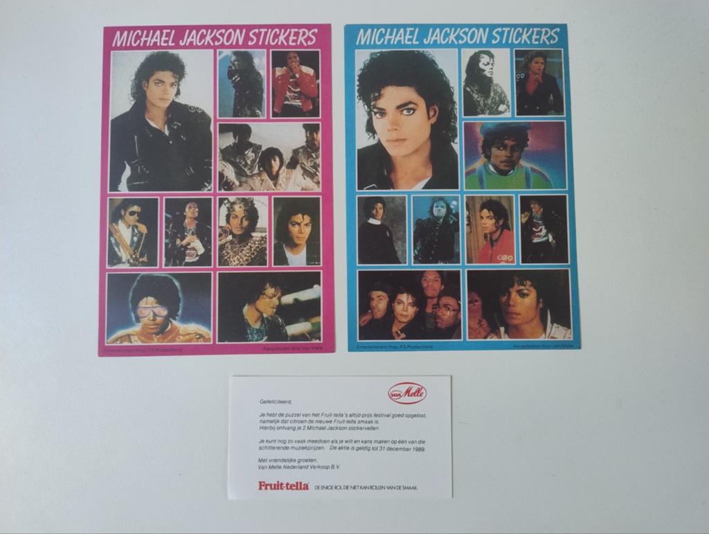 Michael Jackson stickers Fruit-tella (1989), Hobby en Vrije tijd, Ophalen of Verzenden, Zo goed als nieuw, Meerdere stickers