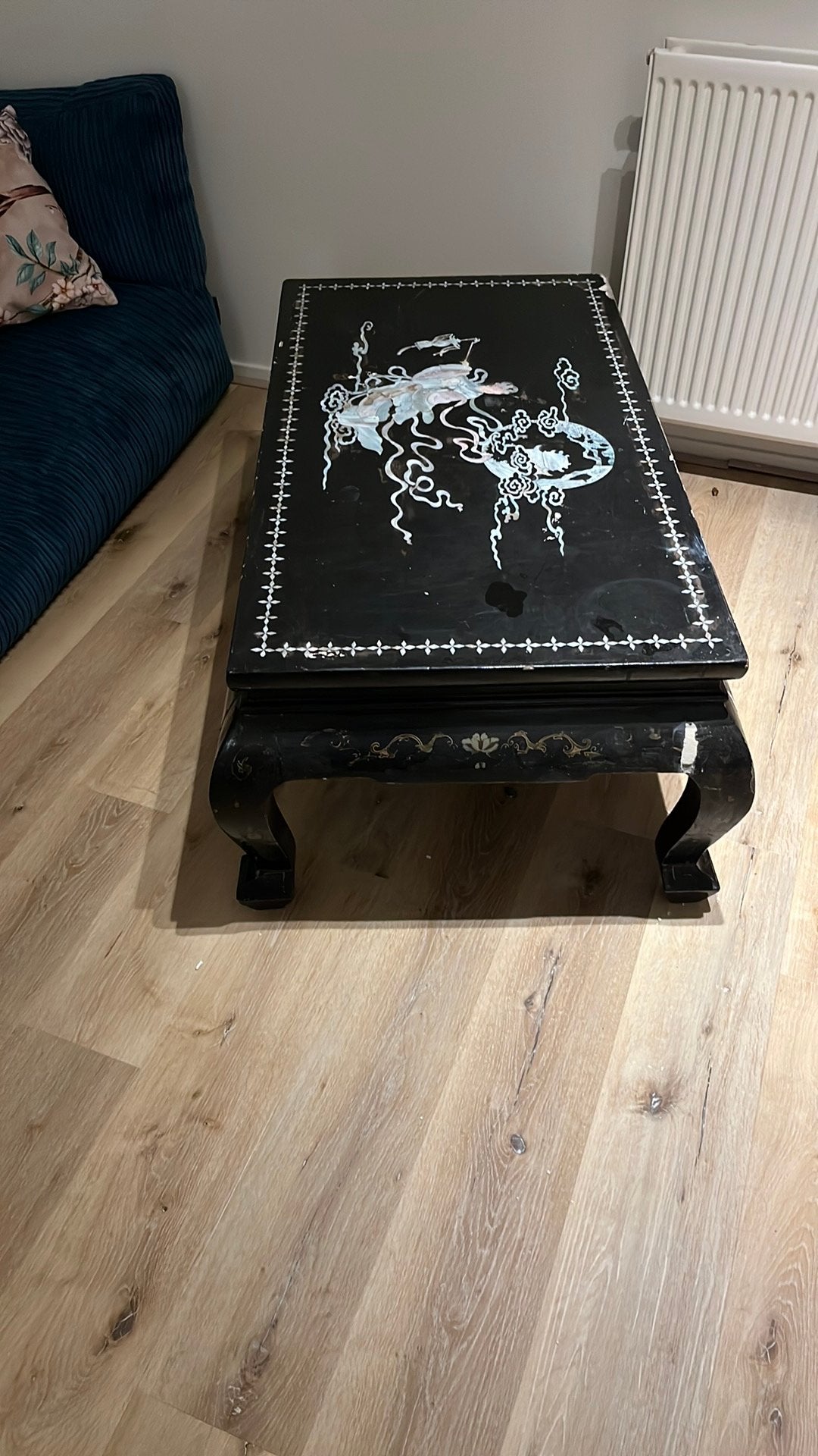 Vintage Chinees zwart lak tafeltje met parelmoer – opknapper, Ophalen, Gebruikt, Rechthoekig, 100 tot 150 cm