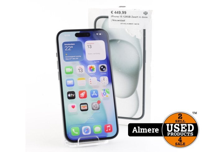 iPhone 15 128GB Zwart in doos | Nieuwstaat, Apple, Zo goed als nieuw, Support@apple.com, One Apple Park Way
Cupertino, CA 95014
United States