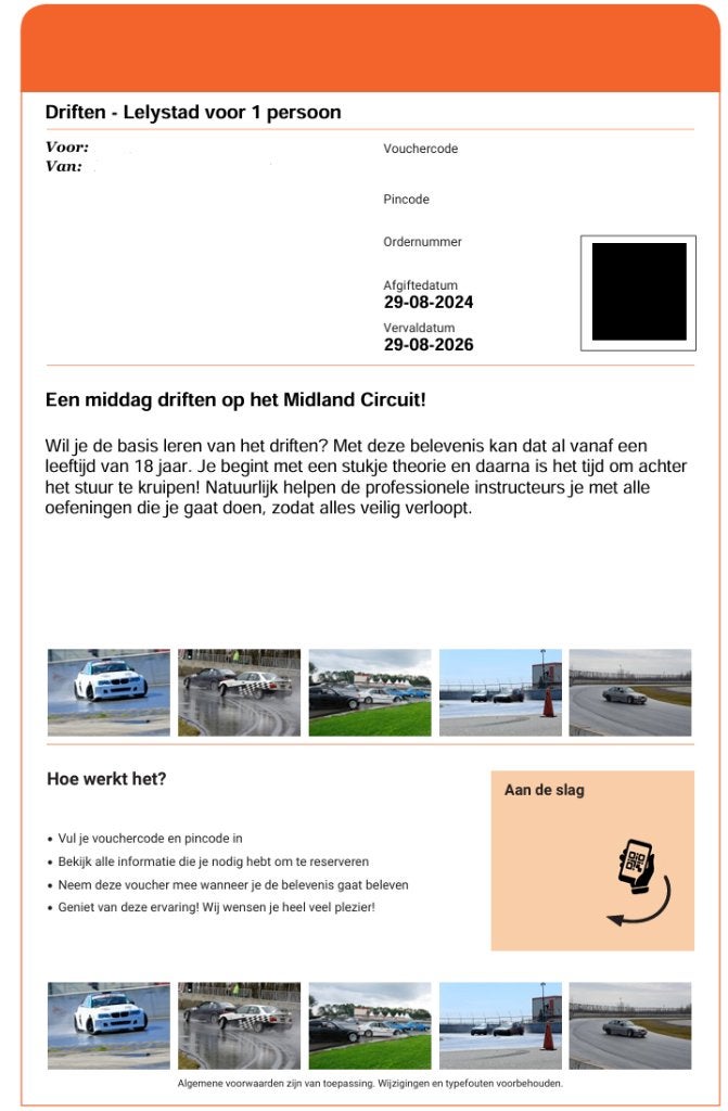 Cadeaubon voor Driften - Lelystad voor 1 persoon twv €225, Eén persoon, Cadeaubon, Overige typen