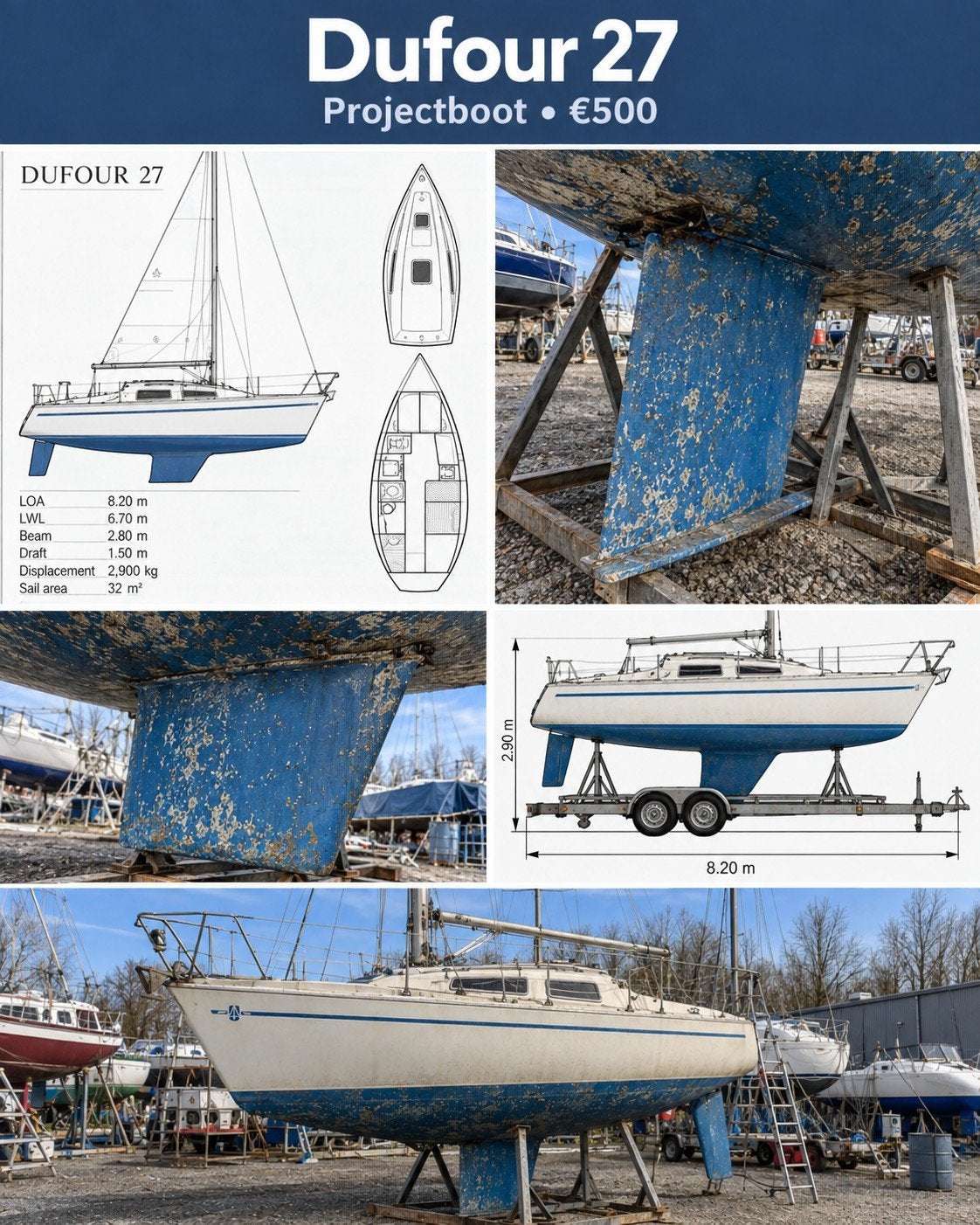 Dufour 27 Projectboot plus Zeilboot trailer eventueel, 30 tot 60 m², 6 meter of meer, Gebruikt, Overige typen