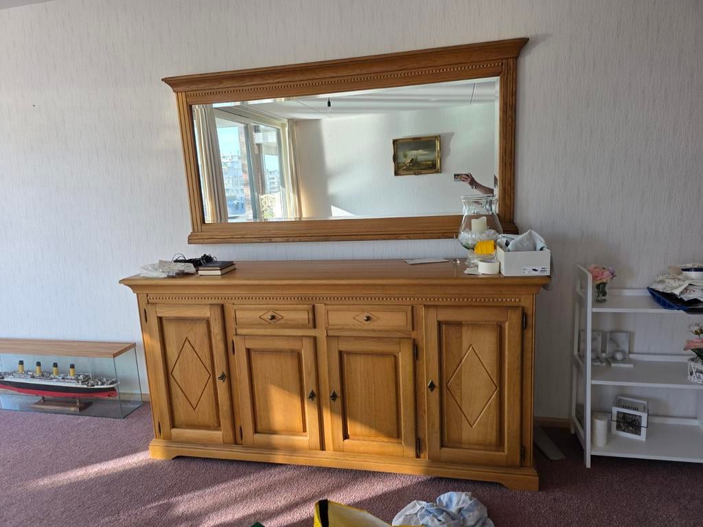 Licht eiken dressoir met spiegel - Ruime opbergruimte, Ophalen, Gebruikt, Klassiek, Eikenhout