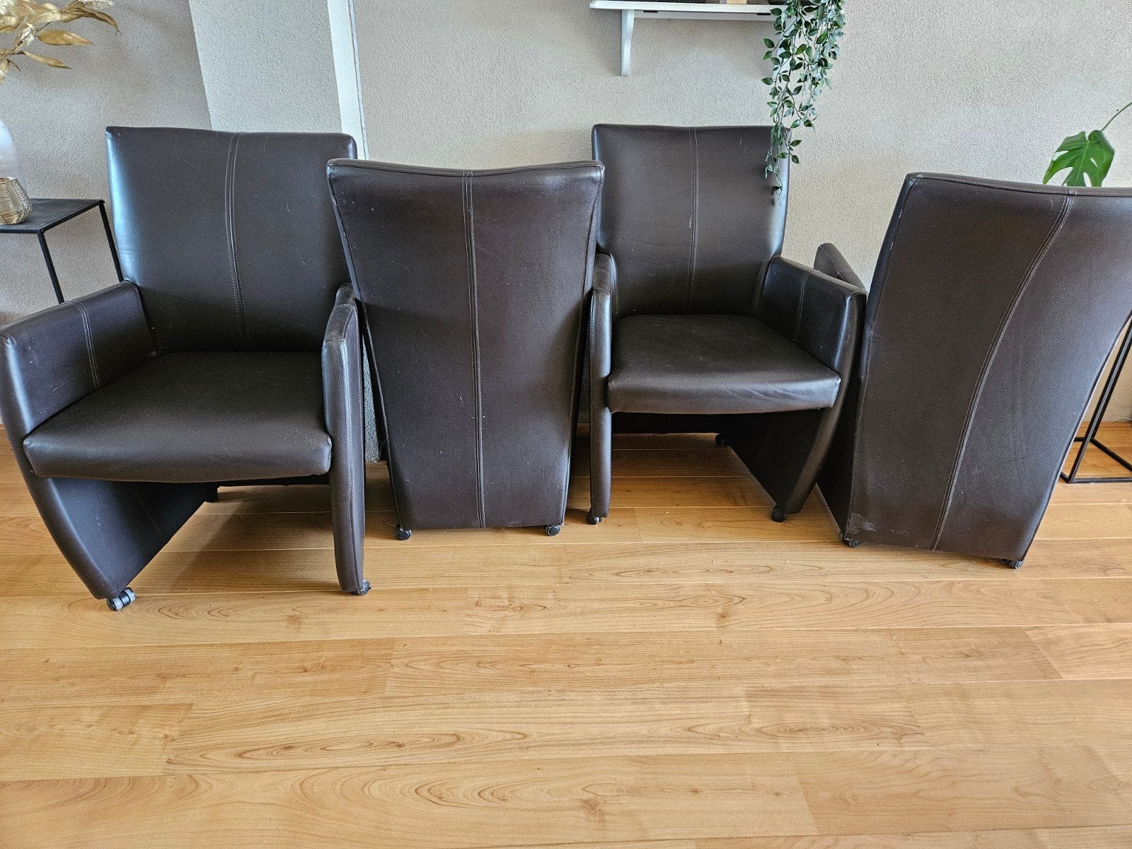 Set van 4 bruine leren eetkamerstoelen, Huis en Inrichting, Stoelen, Ophalen, Gebruikt, Bruin, Leer