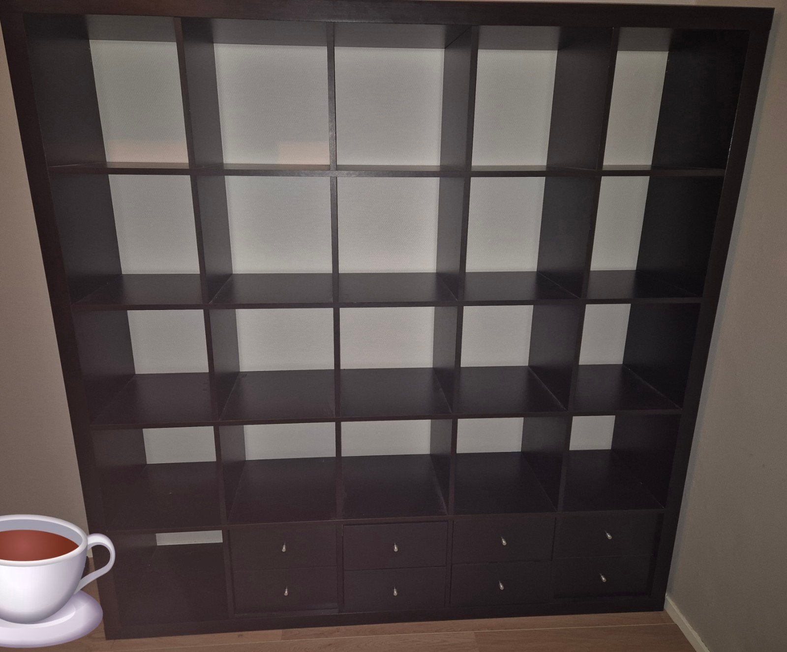 Kallax kast bruin/zwart 5x5 / 25 vakken met 8 inzet lades, Ophalen, Gebruikt, Bruin, 182 cm