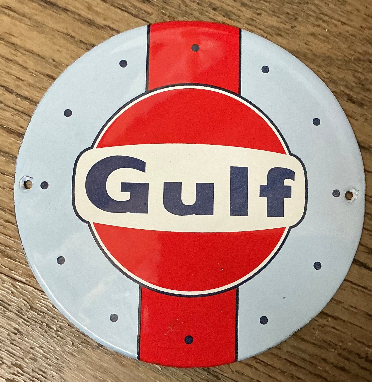 Emaille bordje GULF formaat deurpostje 130 mm, Ophalen of Verzenden, Gebruikt, Reclamebord