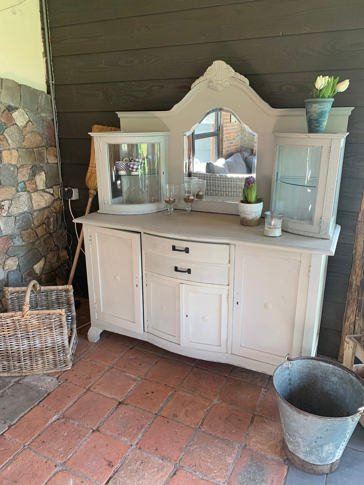 Antiek, brocante buffetkast met opzetkastje rond, Ophalen, Gebruikt, Met lade(s), Landelijk brocant