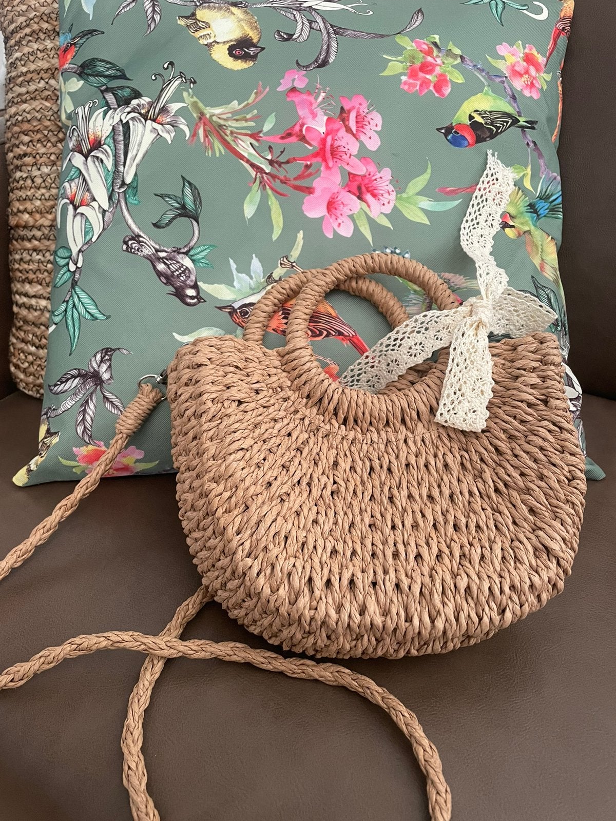 Kleine gevlochten boho tas met strik| Small woven women bag, Ophalen of Verzenden, Nieuw, Beige, Handtas