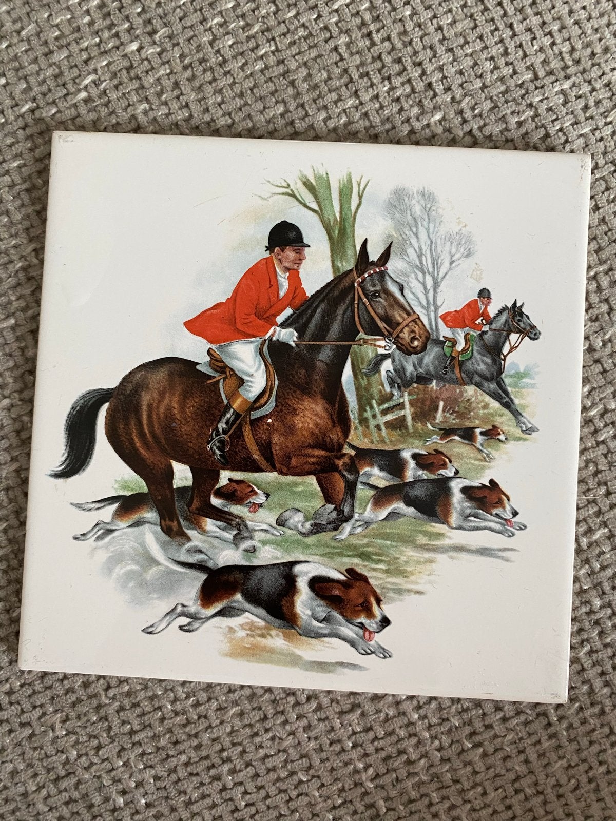 Vintage Tegeltje Jachtscène Ruiter Paarden Honden de jacht, Antiek en Kunst, Ophalen of Verzenden