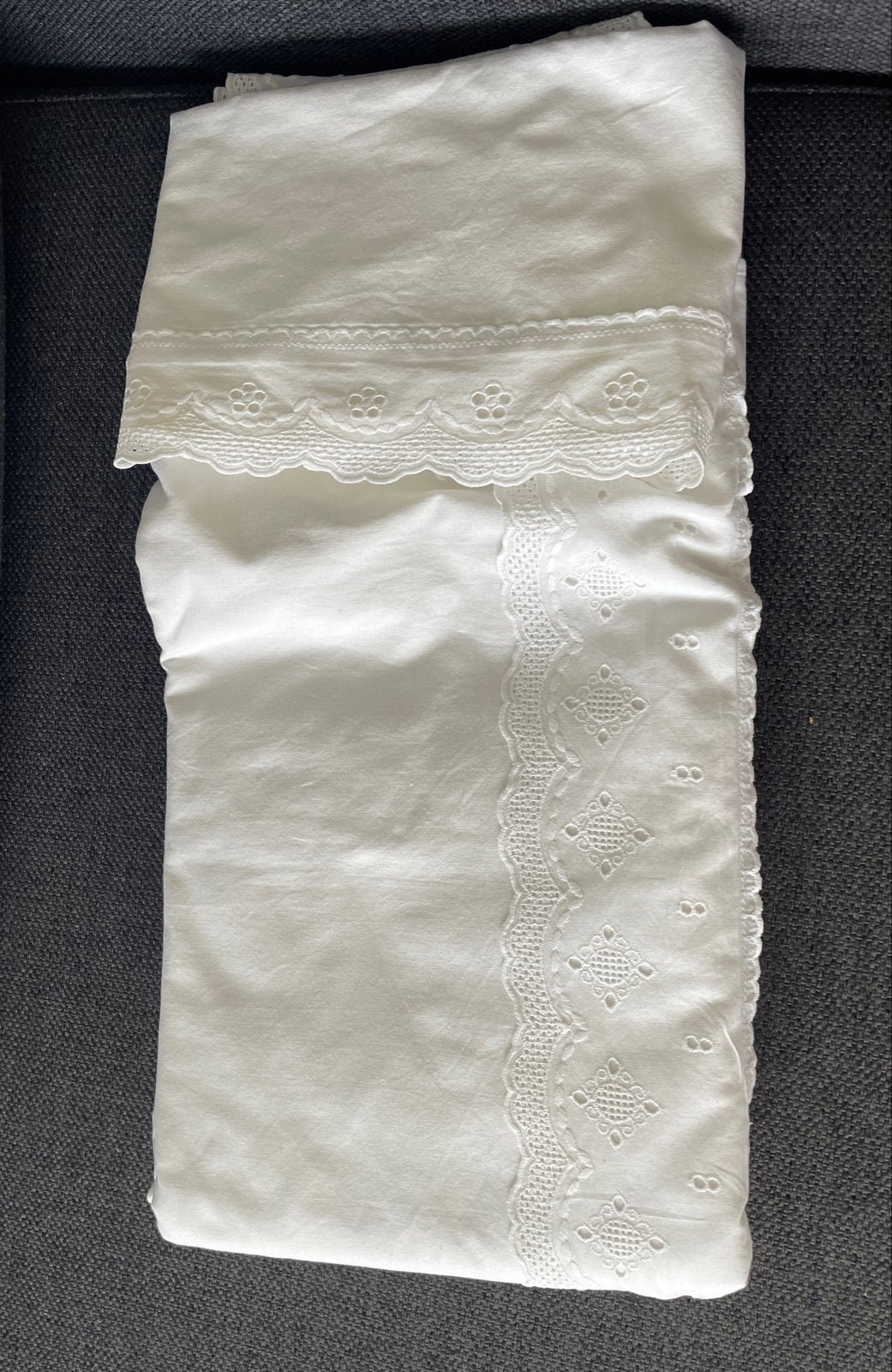 Eenpersoons Broderie Dekbedovertrek + sloop Wit w, Gebruikt, Wit, Geborduurd, Ophalen of Verzenden