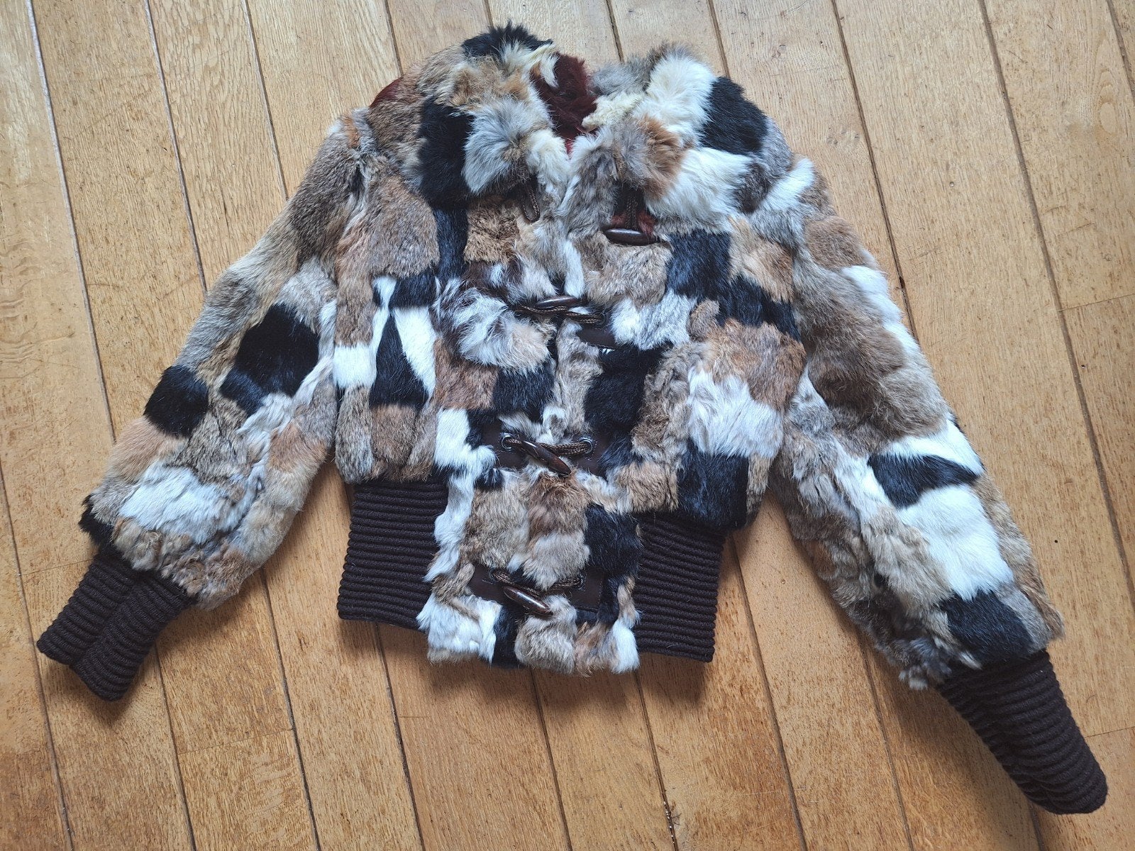 Vintage Patchwork Konijnenbont Bomberjas 70s/'80 - Maat, Meerkleurig, Rabbit Fur, Ophalen of Verzenden, Maat 36 (S)