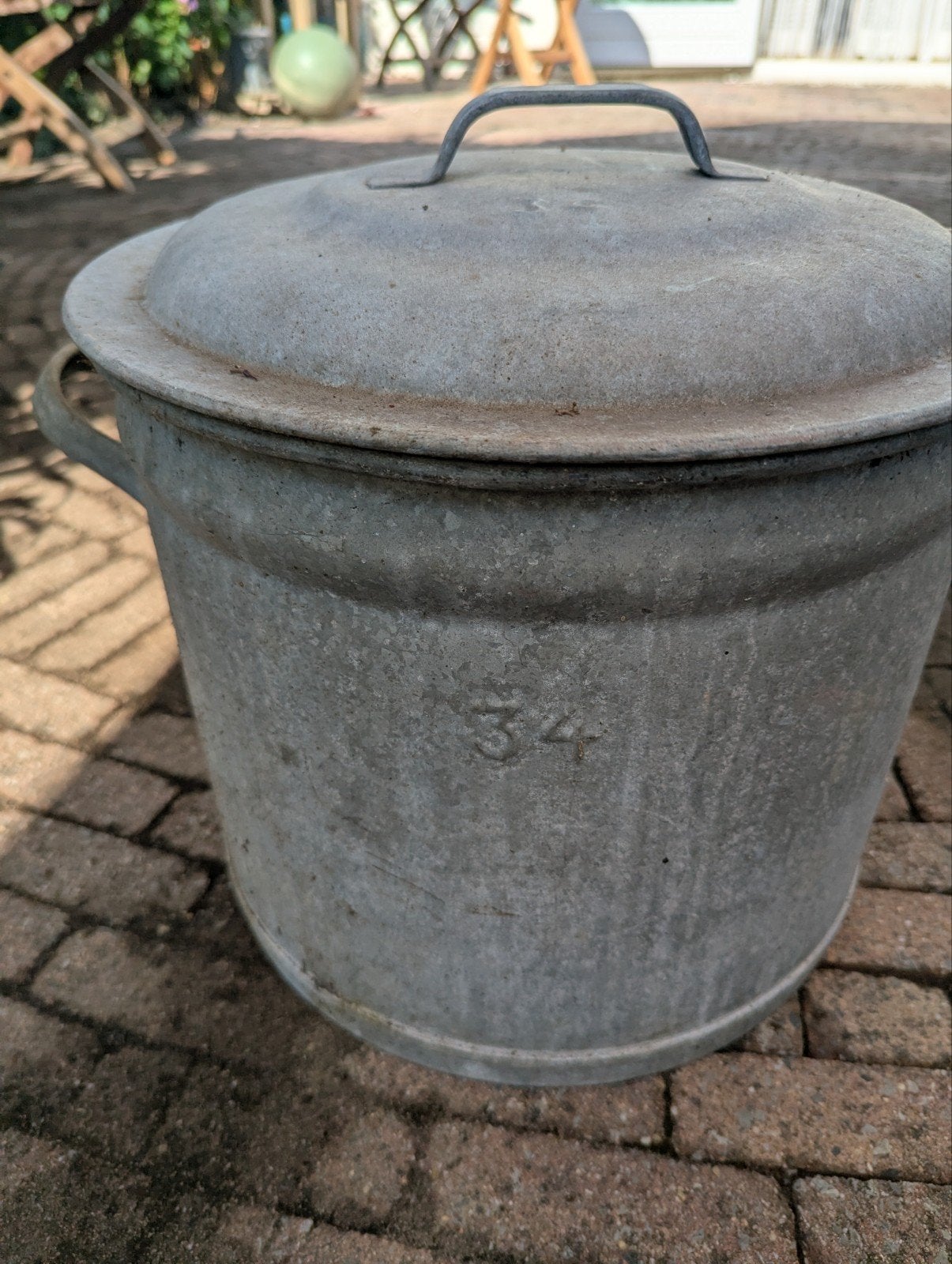 Vintage Grote Zinken Emmer met Deksel - inhoud 34 liter, Ophalen of Verzenden
