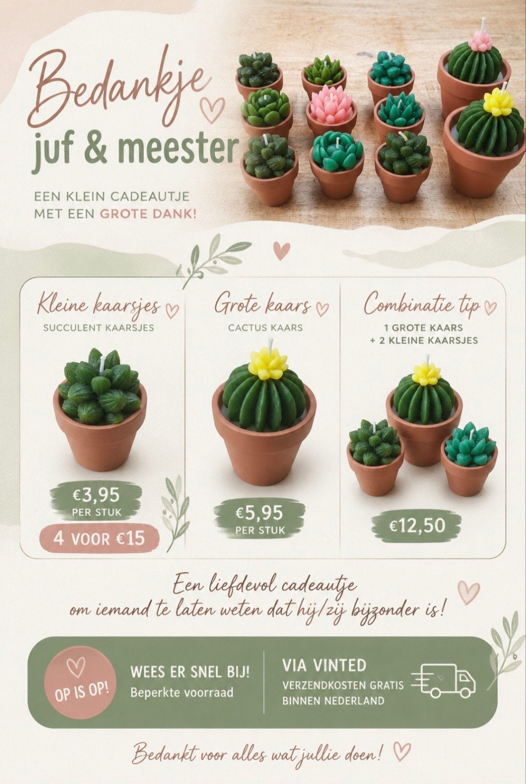 Bedankje juf meester opvang leidster begeleider kaarsje, Ophalen of Verzenden, Zo goed als nieuw