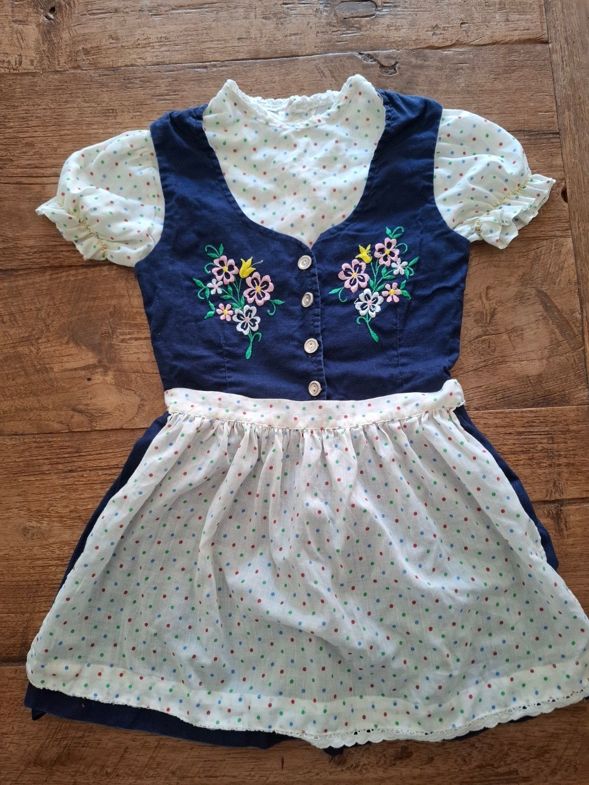 Vintage Dirndl Jurk met Geborduurde Bloemen, Blauw, Ophalen of Verzenden, Knielengte, Maat 34 (XS) of kleiner