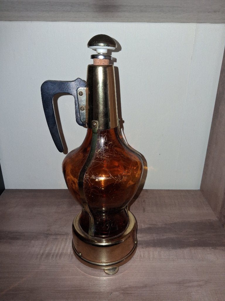Vintage drankverklikker amber glas en messing met muziekdoos, Antiek en Kunst, Ophalen of Verzenden